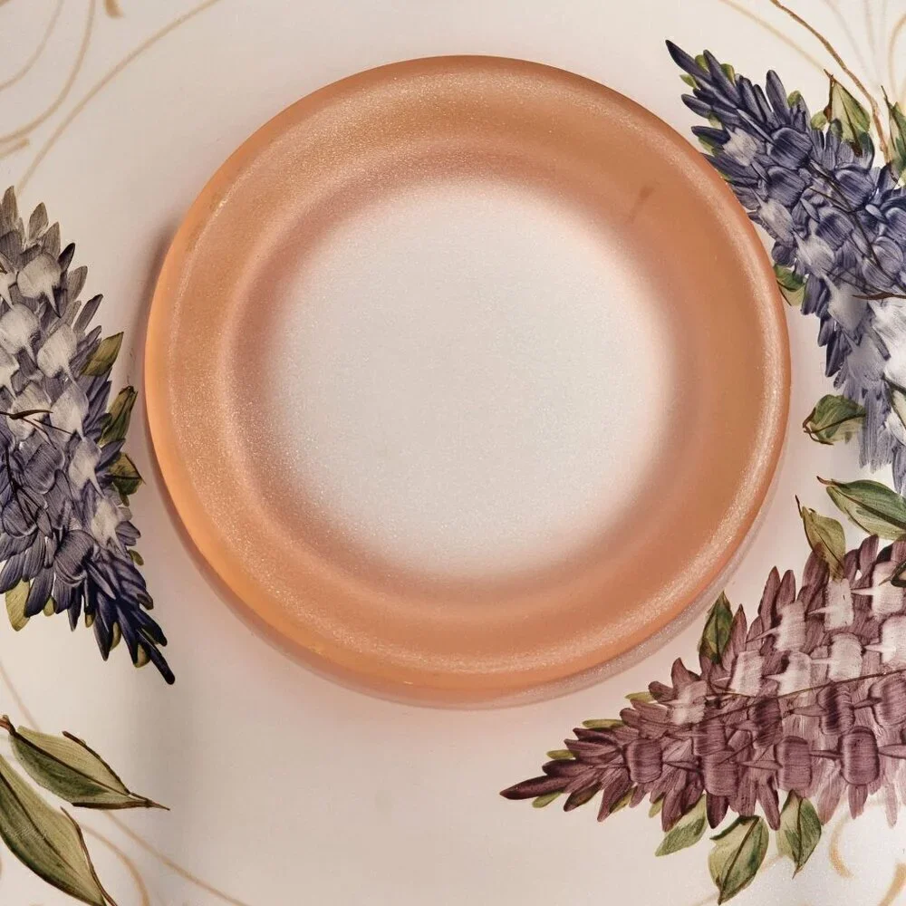 Pink Frosted Glass Bowl Hand Painted Purple Lavender Floral w/Gold Accents VTG
